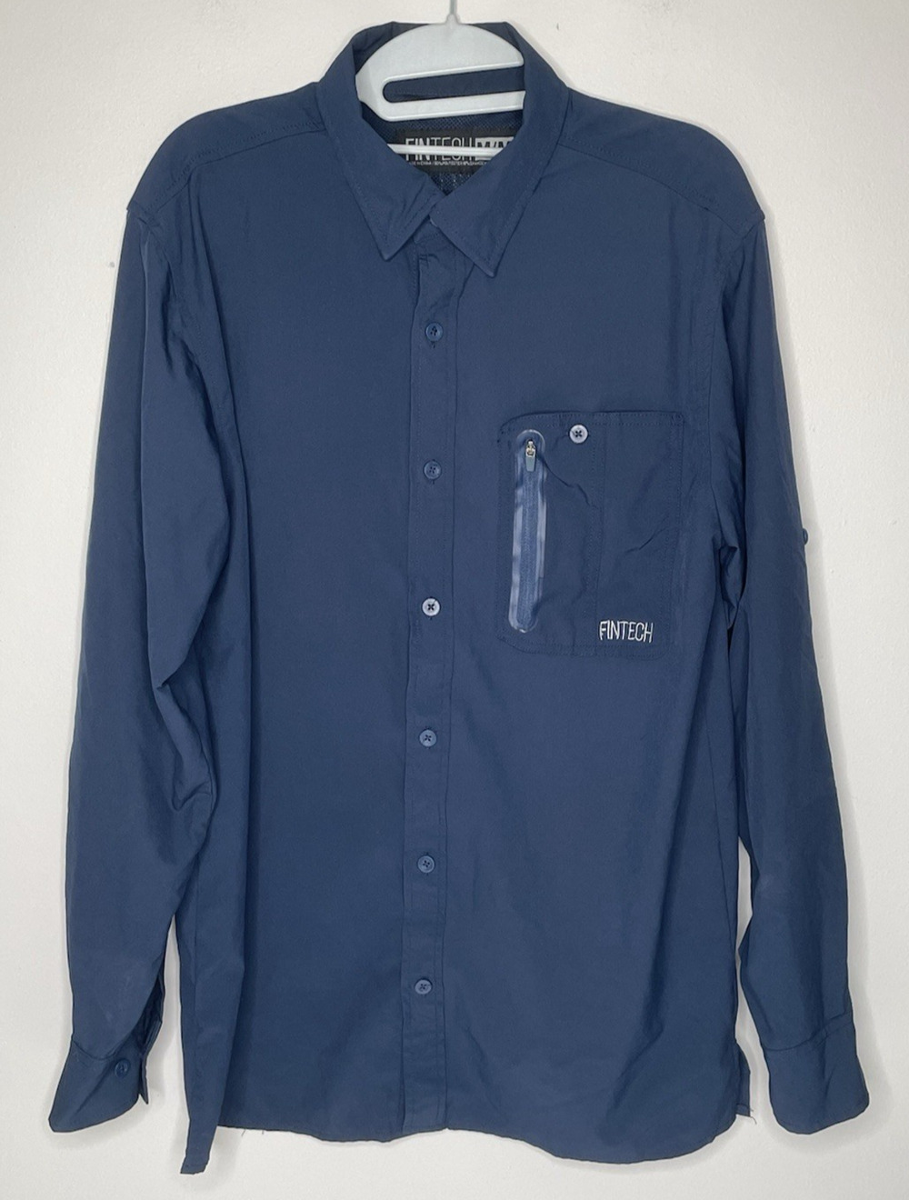 Fintech Mens Medium Blue Performance Fishing Shirt Vented Long Sleeve Stretch